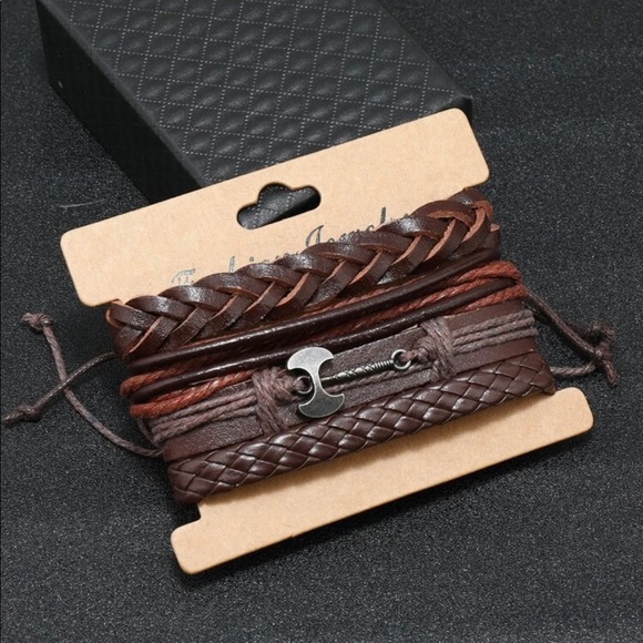 Axe Brown Leather Bracelet Set Mens - Picture 5 of 5